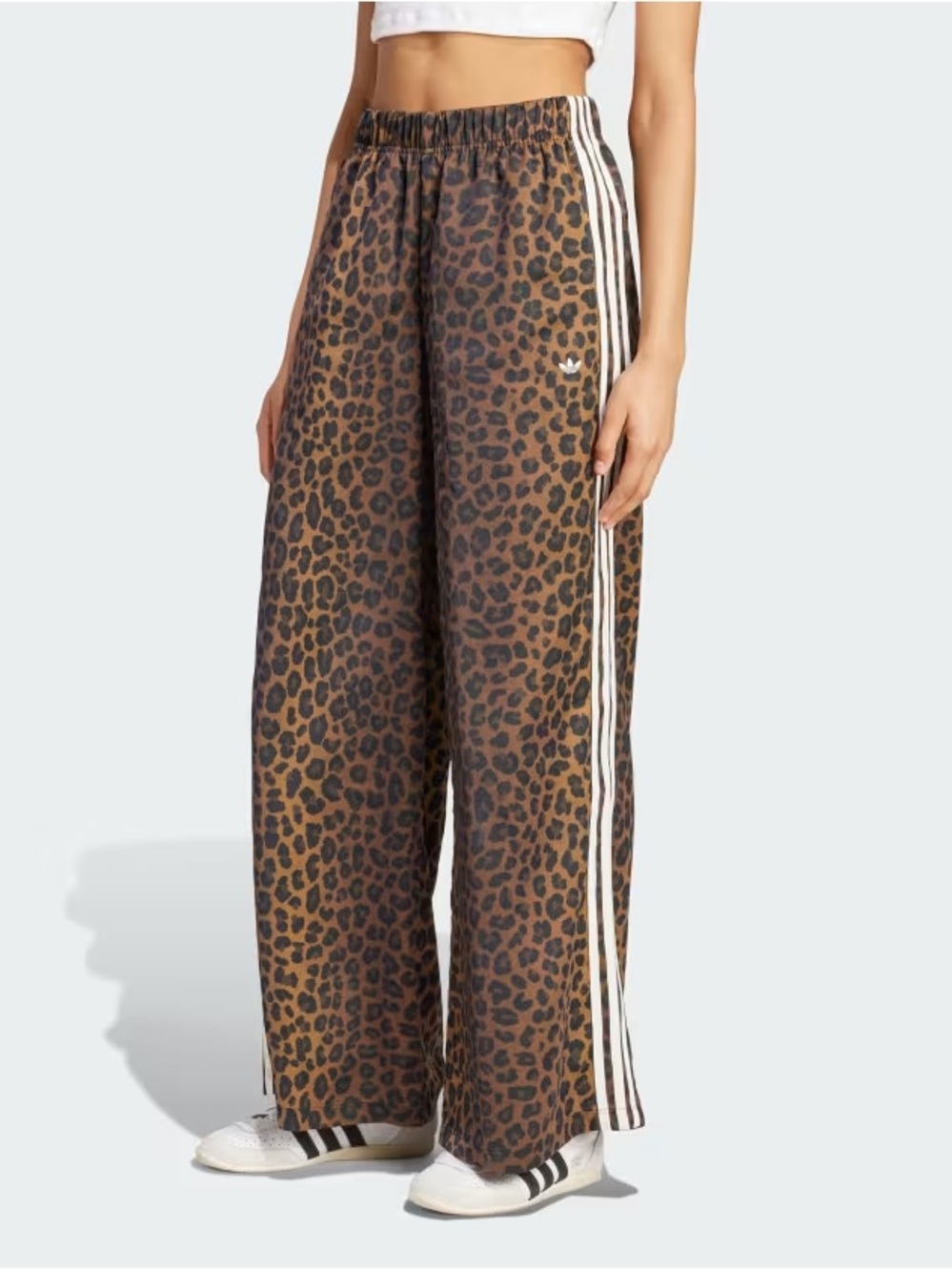 Adidas Satin Cheetah Print Wide-Leg Track Pants with White Stripes